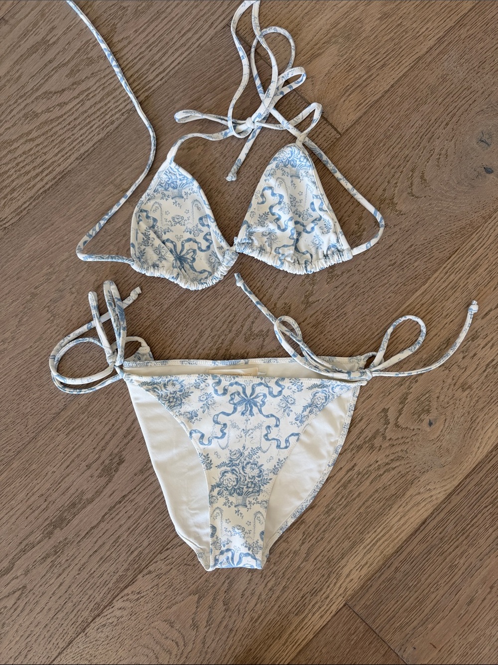 LoveShackFancy White Bikini Bottom with Pale Blue Trim